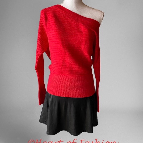 Off Shoulder Dolman Soft Slouchy Sweater Top Red - Picture 4 of 6